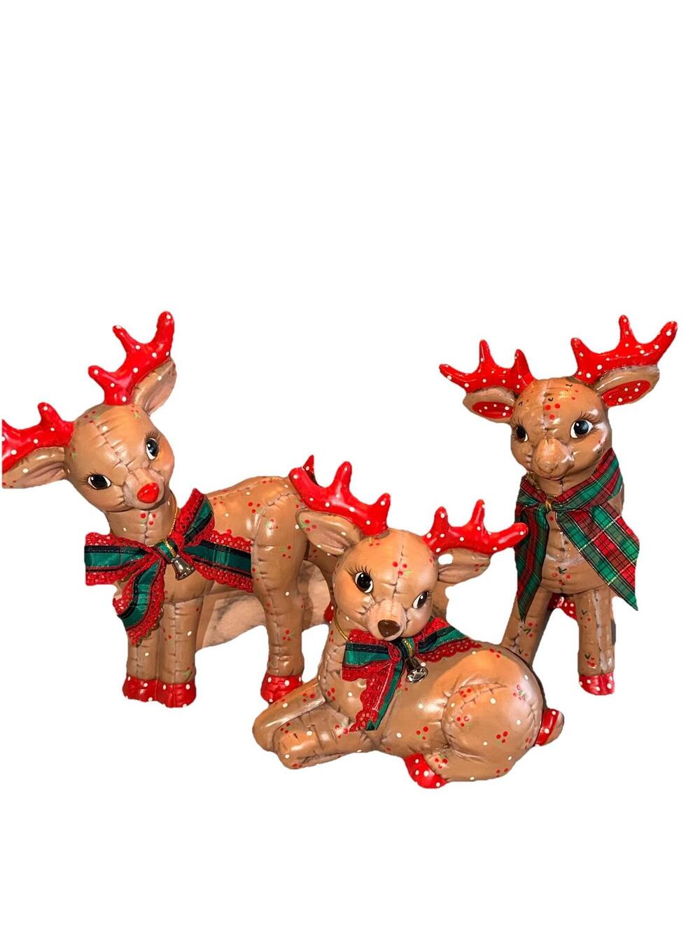 Handmade Ceramic Christmas Reindeer Set VINTAGE 80s PERFECT Cond 12" Deer Kitsch